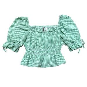 H&M Divided Size Medium Green and White Gingham Smocked Peplum Crop Top